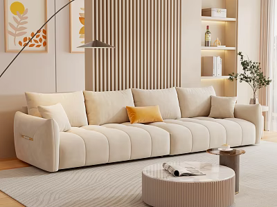 Beige Large Sofa With Yellow Cushion In Modern Living Room Wooden Wall And Coffee Table 3d model