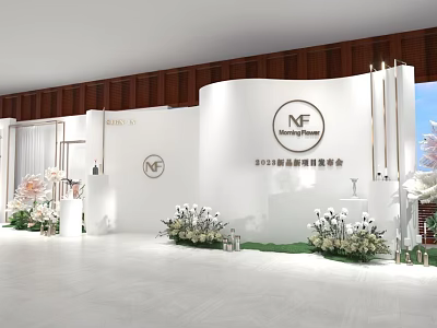 2023 International Beauty Expo NF Brand White Curved Booth With Green Plants And Floral Decor 3d model