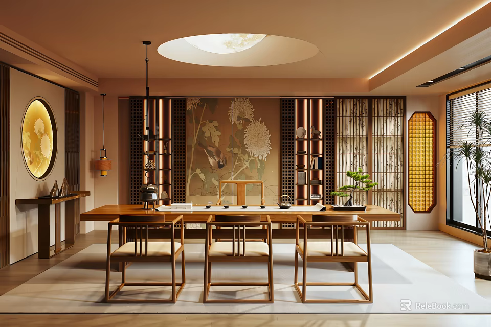 Traditional Chinese Tea Room With Floral Mural Shoji Screens And Wooden Furniture 3d model 