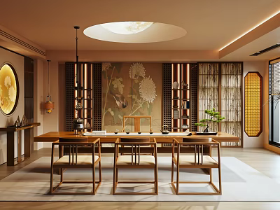 Traditional Chinese Tea Room With Floral Mural Shoji Screens And Wooden Furniture 3d model