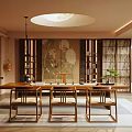 Traditional Chinese Tea Room With Floral Mural Shoji Screens And Wooden Furniture