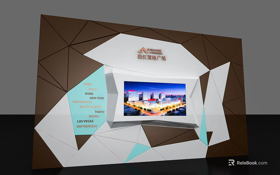 Modern Geometric Background Wall With White Brown Blue Accents Featuring Cityscape Display Screen 3d model
