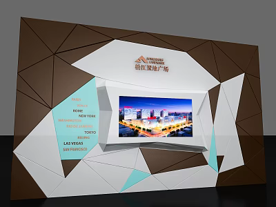 Modern Geometric Background Wall With White Brown Blue Accents Featuring Cityscape Display Screen 3d model