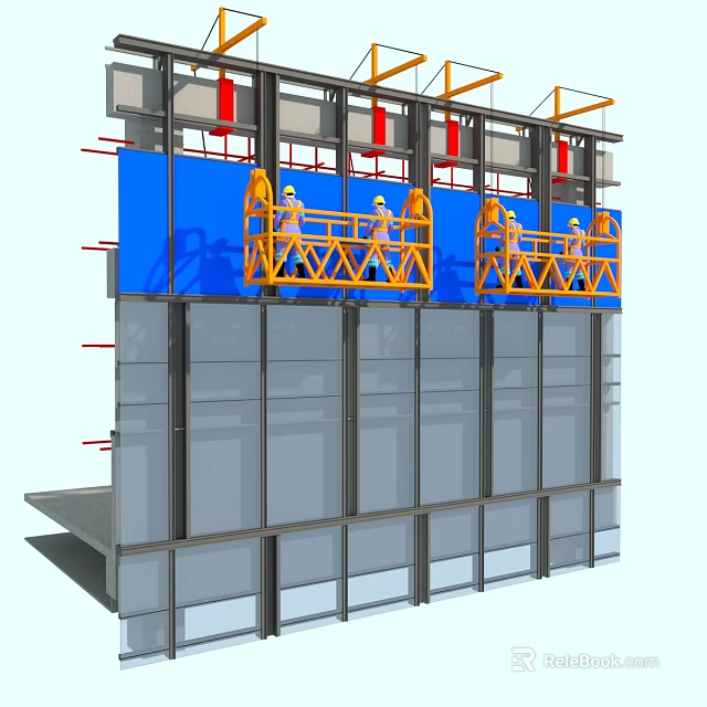 Building Exterior Wall Construction With Workers Installing Blue And Gray Panels On Metal Frame Platform 3d model 