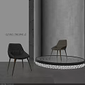Modern Leisure Chairs with Gray and Beige Upholstery and Wooden Legs on Display Stand