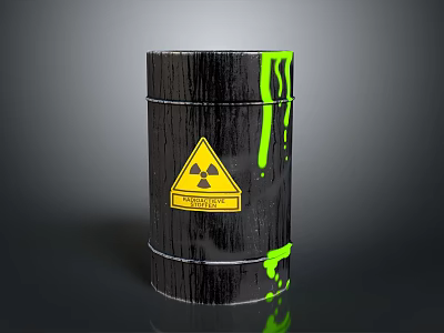 Black Radioactive Barrel With Yellow Warning Sign And Green Dripping Liquid 3d model