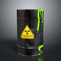 Black Radioactive Barrel With Yellow Warning Sign And Green Dripping Liquid