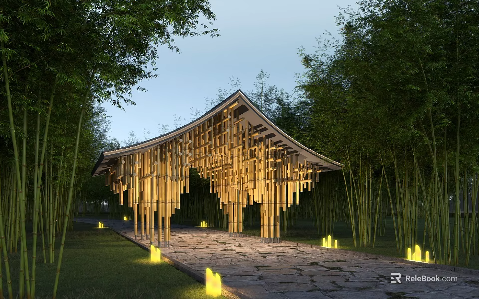 Modern Wooden Pavilion Garden Landscape With Bamboo Trees Stone Path And Lighting 3d model 