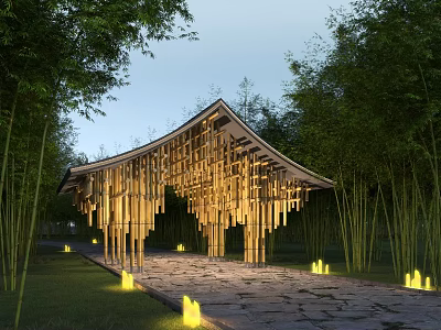 Modern Wooden Pavilion Garden Landscape With Bamboo Trees Stone Path And Lighting 3d model