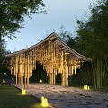 Modern Wooden Pavilion Garden Landscape With Bamboo Trees Stone Path And Lighting