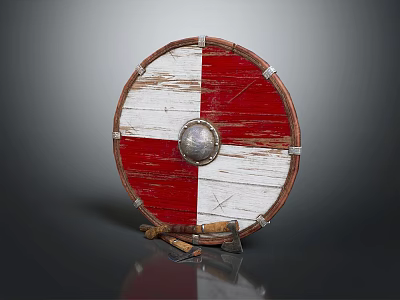 Viking Red And White Circular Wooden Shield With Metal Boss Rivets Axe And Rope 3d model