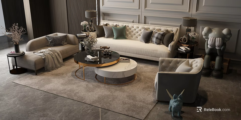 Modern Fabric Sofa Set In Living Room With Green Grey Pillows Armchair Round Coffee Table And Soft Rug 3d model 