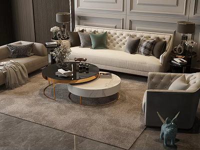 Modern Fabric Sofa Set In Living Room With Green Grey Pillows Armchair Round Coffee Table And Soft Rug 3d model