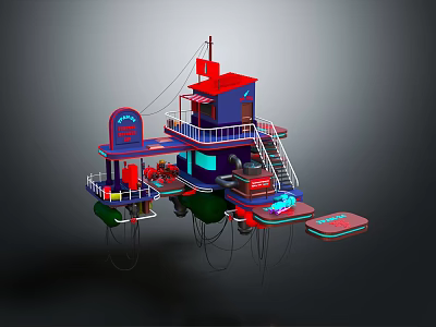 Cartoon Style Floating Multi Level Structure With Red Blue Colors Staircase Platforms And Antenna 3d model
