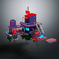 Cartoon Style Floating Multi Level Structure With Red Blue Colors Staircase Platforms And Antenna 3d model