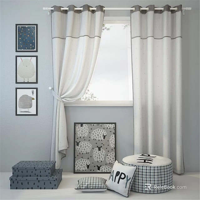 Children's Bed With Patterned Headboard Curtains Cushion And Decorative Prints 3d model 