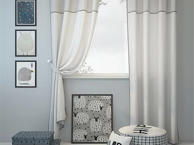 Children's Bed With Patterned Headboard Curtains Cushion And Decorative Prints 3d model