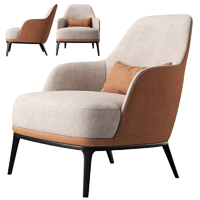 Modern Beige Fabric Upholstered Accent Chair With Brown Armrest Black Metal Legs And Plush Cushion 3d model