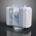 White Compact Household Appliance With Dual Structure And Circular Component On Stable Base