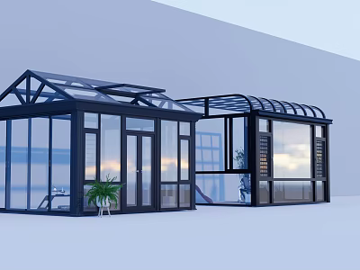 Modern Glass Sunroom With Black Frame Transparent Glass Walls And Curved Roof 3d model