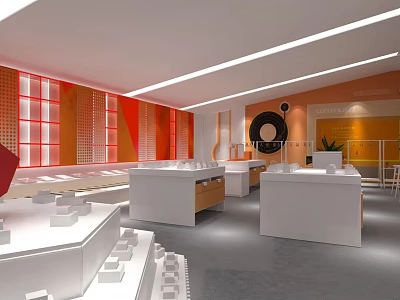 Modern Mall Store Interior With White Display Counters And Orange Wall Decor 3d model