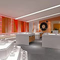 Modern Mall Store Interior With White Display Counters And Orange Wall Decor 3d model