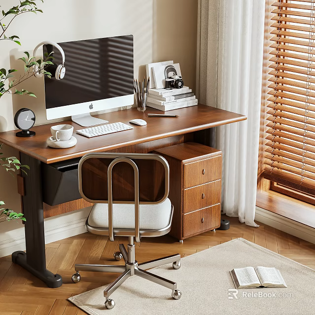 Elegant Wooden Desk With Computer Monitor Headphones Camera And Books For Home Workspace 3d model 