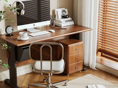 Elegant Wooden Desk With Computer Monitor Headphones Camera And Books For Home Workspace 3d model