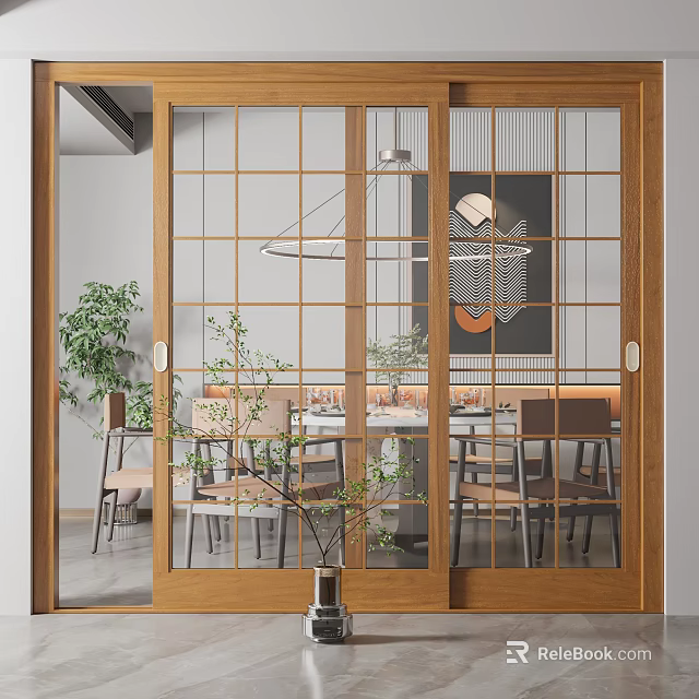 Modern Dining Room Interior With Wooden Frame Grid Glass Sliding Doors 3d model 