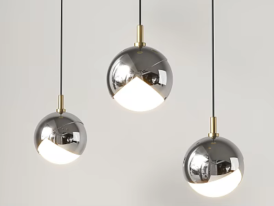 Modern Silver Spherical Pendant Lights With Gold Metal Fittings Glowing Against Light Background 3d model