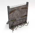 Medieval Wooden Gate Structure With Vertical Planks Metal Reinforcements And Chain Details