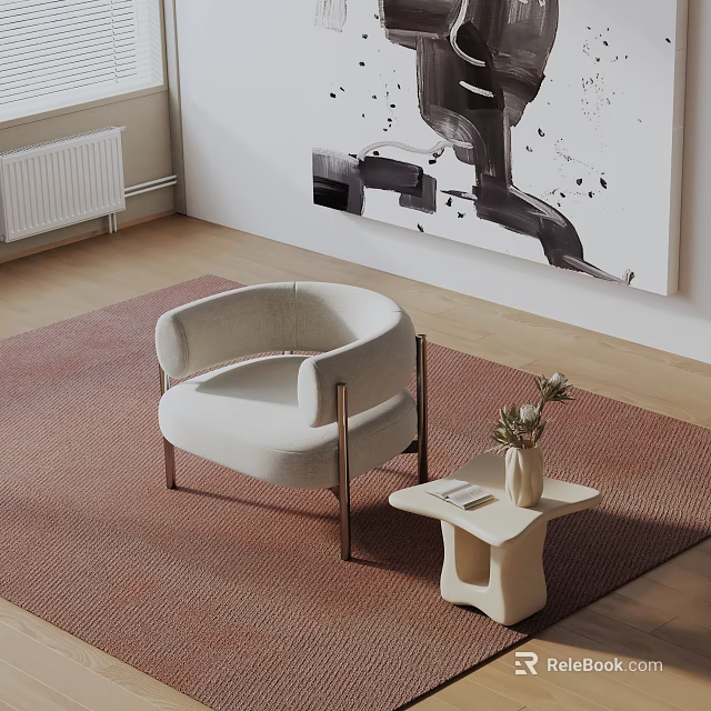 Modern Beige Accent Chair With Metal Legs On Rug Near Small Side Table And Artwork 3d model 