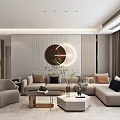 Modern Living Dining Room With Beige Sofa Coffee Table TV Round Decorative Painting And Plant