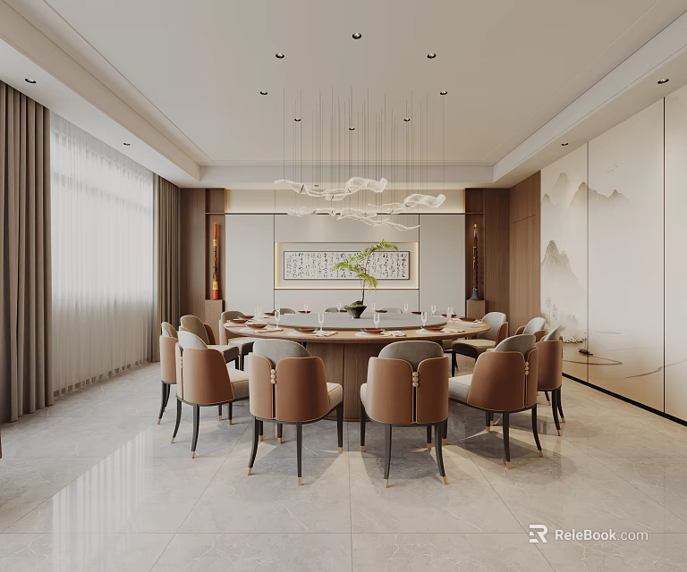 Modern Private Dining Room With Round Table Chairs And Elegant Decor 3d model