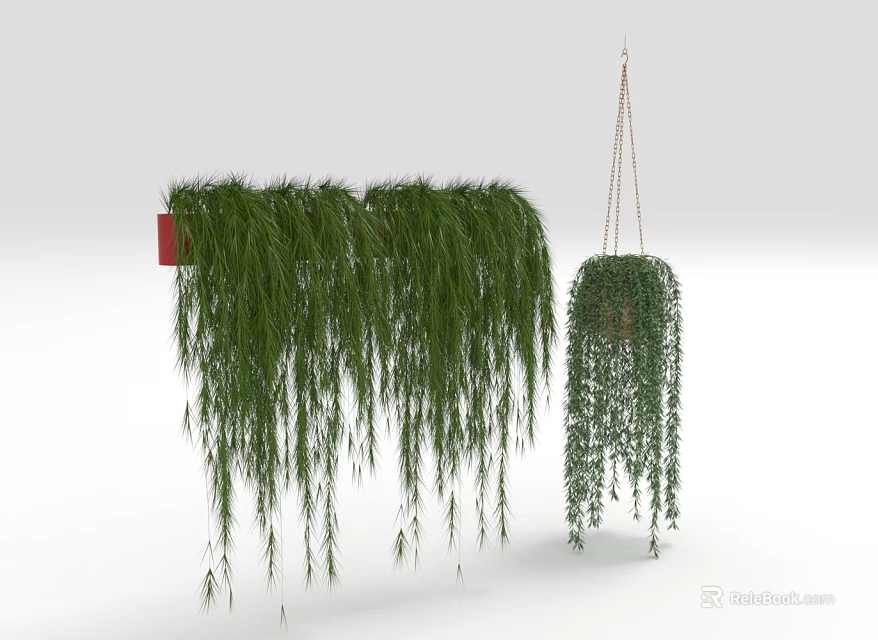 Green Hanging Plants With Long Trailing Leaves On Red Square Holder And Chain Hanger 3d model 