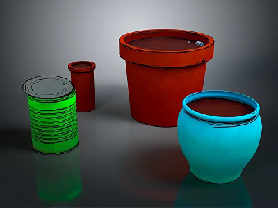 Colorful Containers Arrangement Featuring Green Striped Can Red Buckets And Blue Ceramic Pot 3d model