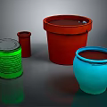 Colorful Containers Arrangement Featuring Green Striped Can Red Buckets And Blue Ceramic Pot