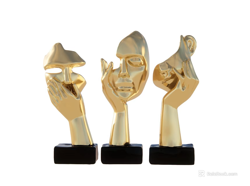 Golden Abstract Face Hand Shaped Decorative Ornament Set With Black Bases 3d model 