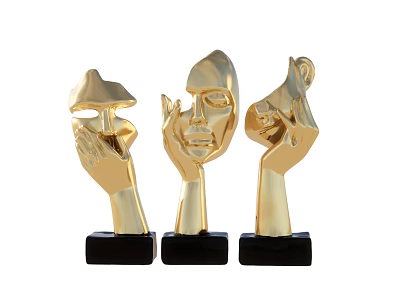 Golden Abstract Face Hand Shaped Decorative Ornament Set With Black Bases 3d model