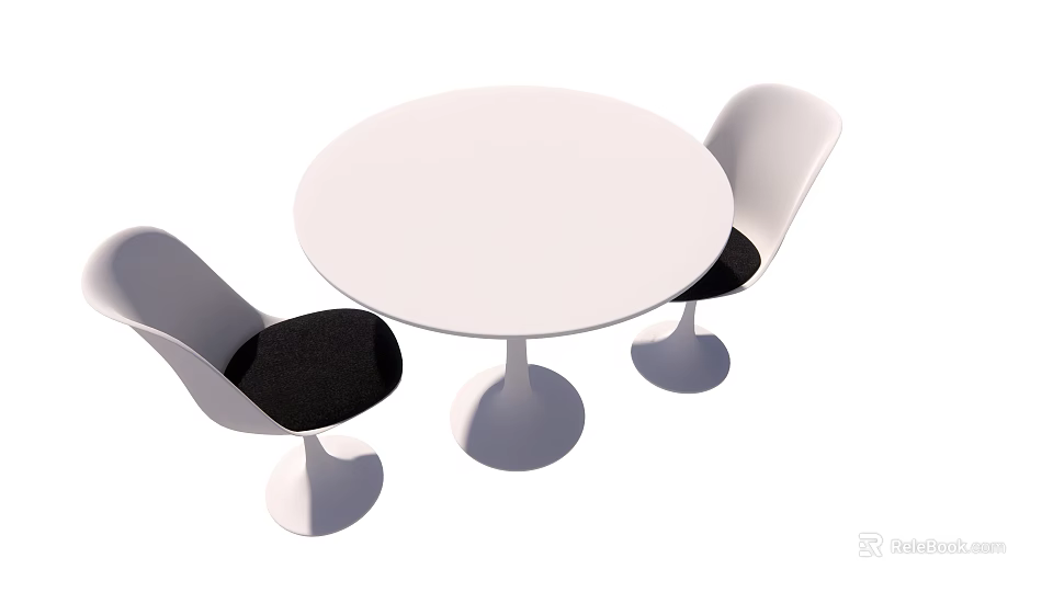 Modern White Round Table And Two Chairs Set With Black Seats 3d model