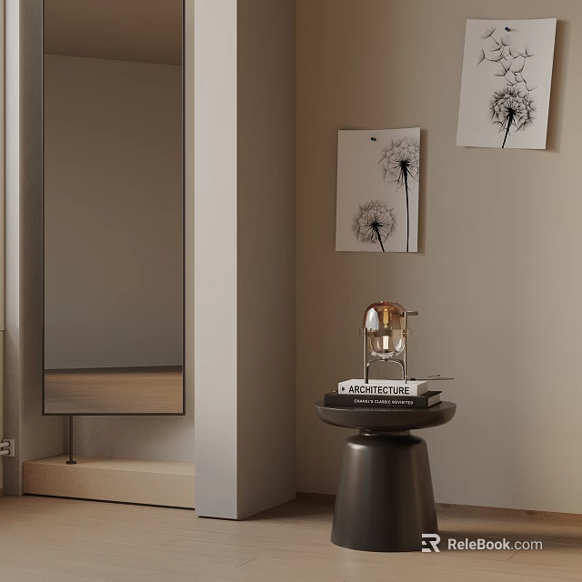 Modern Living Room Interior With Side Table Books Decorative Lamp And Dandelion Paintings 3d model 