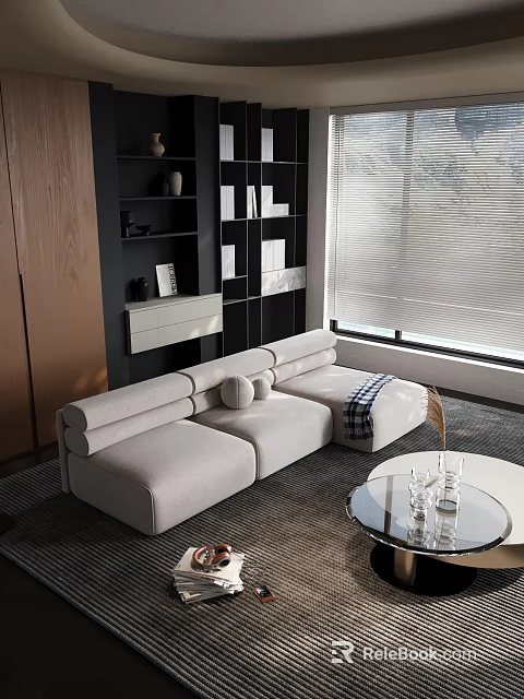 Modern Living Room Interior With Beige Sectional Sofa Window Blinds Round Coffee Table And Decorative Pillows 3d model 