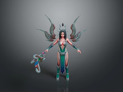 Fantasy Woman Character With Elaborate Wings Green Blue Outfit And Decorative Weapon 3d model