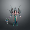Fantasy Woman Character With Elaborate Wings Green Blue Outfit And Decorative Weapon
