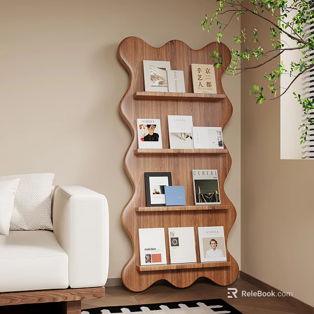Stylish Wooden Wavy Bookshelf With Books Magazines Near White Sofa And Green Plant 3d model 