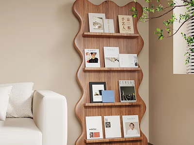 Stylish Wooden Wavy Bookshelf With Books Magazines Near White Sofa And Green Plant 3d model