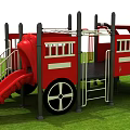 Red Fire Truck Themed Kids Playground Structure With Ladder And Slide On Green Grass