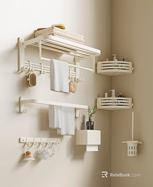 White Wall Mounted Bathroom Shelf with Towel Rack Hooks and Toiletries Storage 3d model 