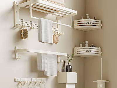 White Wall Mounted Bathroom Shelf with Towel Rack Hooks and Toiletries Storage 3d model