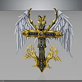 Elegant Golden Cross With White Wings Blue Gems And Intricate Flame Patterns